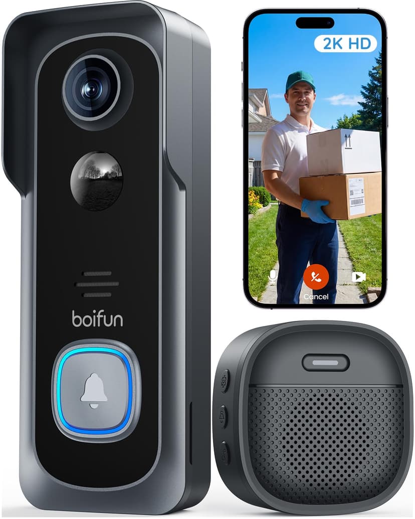 BOIFUN Video Doorbell Camera Wireless – No Subscription Required, 2K HD | 166° Wide View, HDR Night Vision, Motion Alerts, Two‑Way Audio & Battery Video Doorbell with Chime, 2.4 GHz Wi‑Fi Only