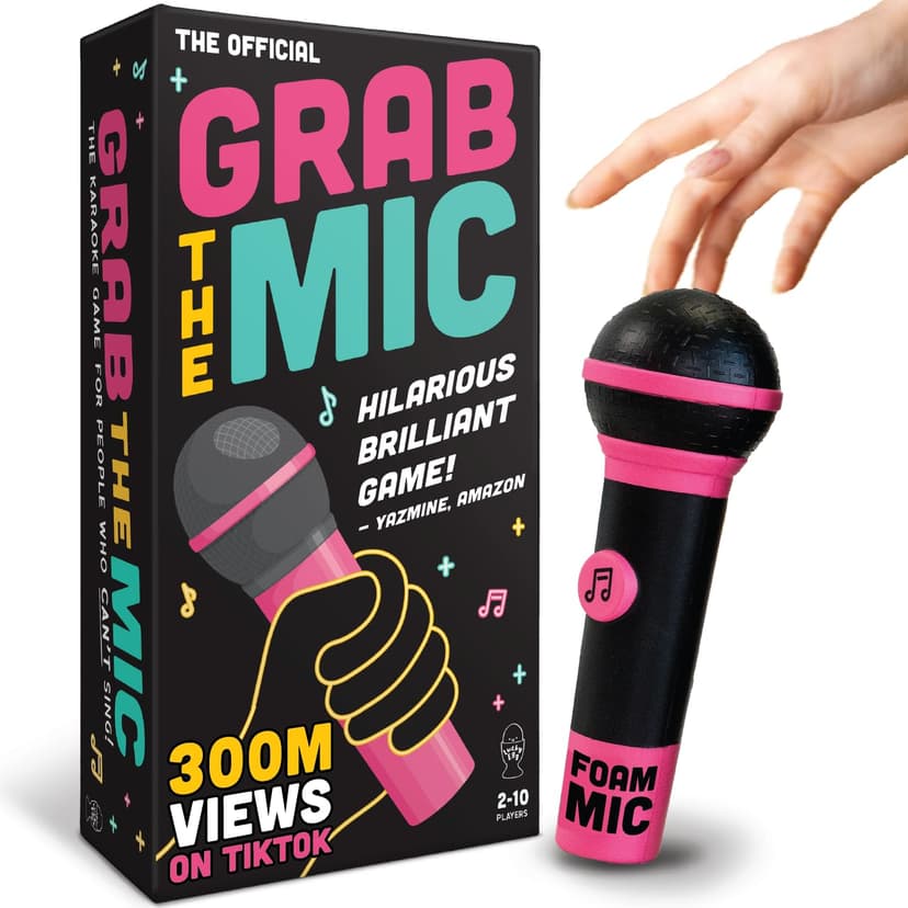 Grab The Mic - Award Winning Karaoke Party Game for Bad Singers w Foam Mic | 120 Word Cards (250 Words), 2-12 Players for Ages 8+. Perfect For Family Game Night, Birthdays & Sing-Off Parties.