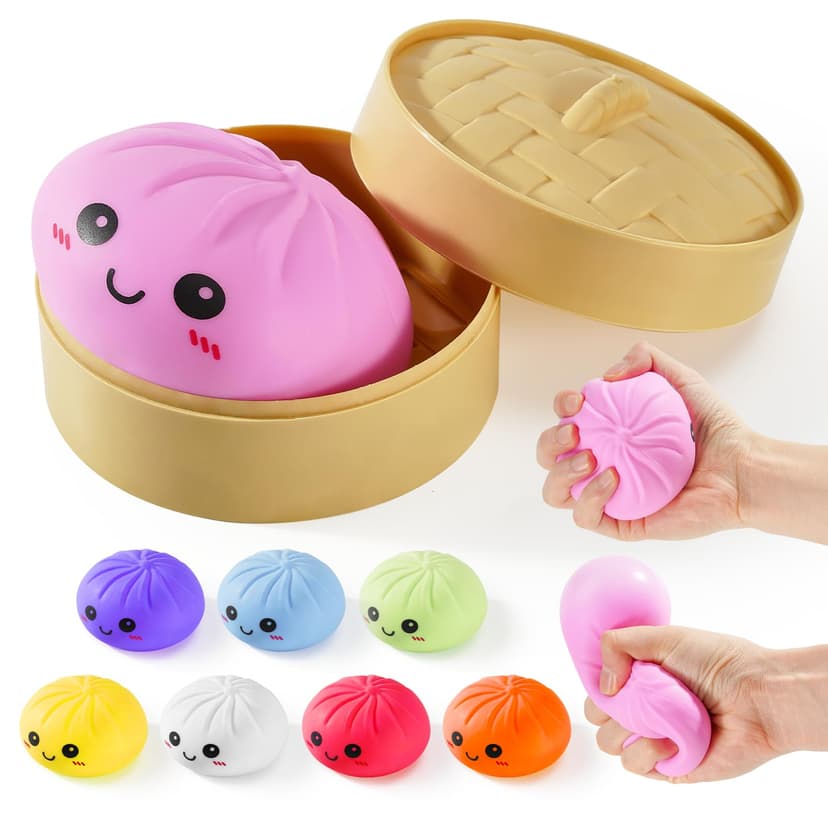 Dumpling Squishies, Giant Dumpling Mystery Box, Colorful Dumplings Stress Balls Fidget Sensory Toy, Stocking Stuffers with Food Steamer Stretchy Desk Toys (Pink)