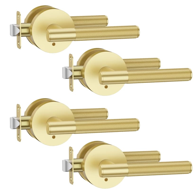 Asidrama 4 Pack Brushed Gold Privacy Interior Door Handles | Thumb-Turn Privacy Lock,Fits 1-3/8"-1-3/4" Doors,Adj. 2-3/8"-2-3/4" Latch,Heavy-duty Zinc,Easy DIY Setup