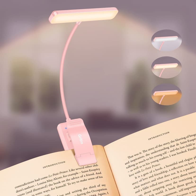 Gritin 19 LED Rechargeable Book Light for Reading in Bed | Eye Caring 3 Color Temps,Stepless Dimming Brightness,Memory Function,90 Hrs Runtime Lightweight Clip on Light-Pink