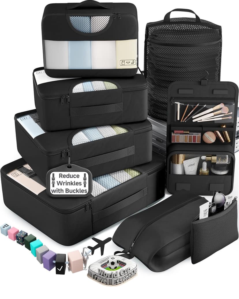 Veken 10 Set/8 Set Packing Cubes for Travel Essentials,Anti-Wrinkle Buckled Suitcase Organizer for Shoe & Toiletry Bag,Carry On Luggage Bag for Airplane & College Dorm Room Accessories,Women Men Gifts
