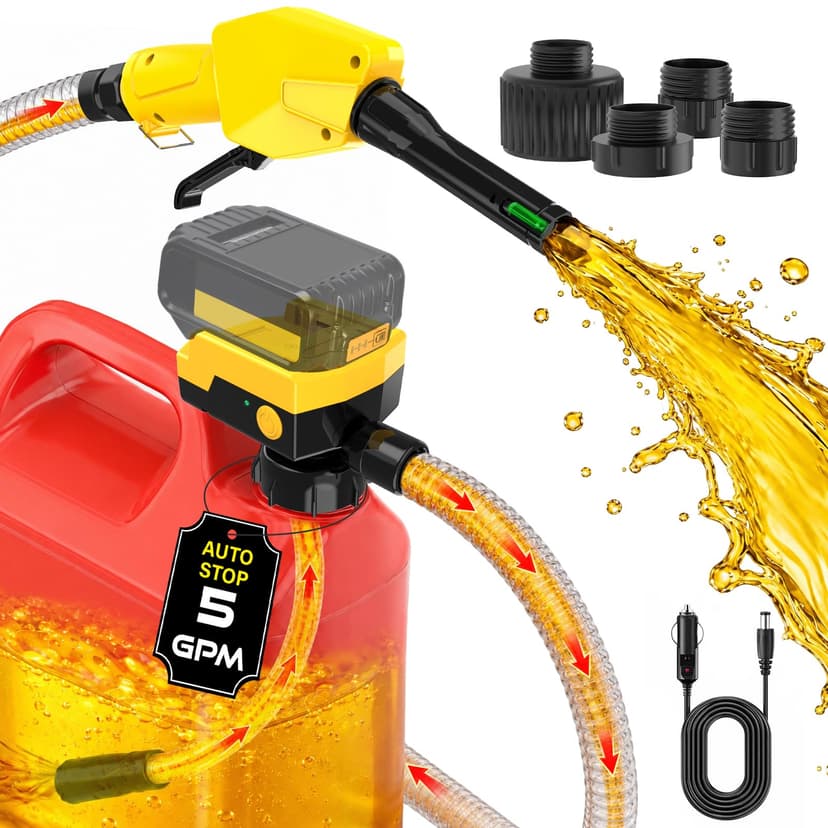 Keimi Cordless Electric Fuel Transfer Pump, Auto-Stop & Hand Trigger Nozzle | 5 GPM, For Select DeWalt 20V and Milwaukee 18V Batteries, 4 Can Adapters, 51-Inch Hose, Bare Tool, Gasoline, Diesel, Keros