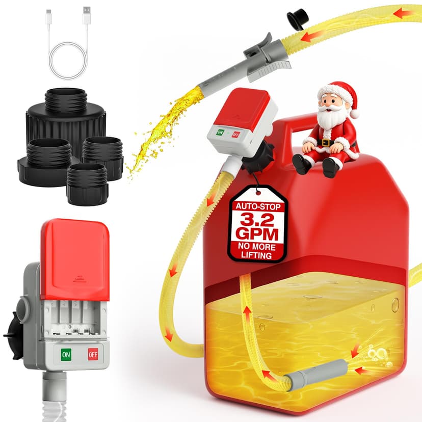 Keimi Electric Fuel Transfer Pump with Auto-Stop, 3.2 Gallon per Min | 4 Can Adapters, 2 or 4 AA Batteries or USB Power, 51-Inch Corrugated Hose, Gasoline, Diesel, AA Batteries Not Included