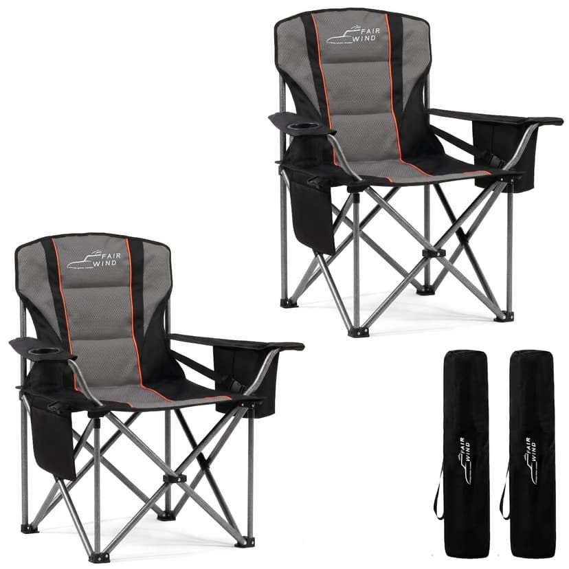 FAIR WIND 2 Pack Fully Padded Oversized Camping Chair Heavy Duty Lawn Chair Set with Adjustable Lumbar Support, Cooler Bag & Cup Holder for Camp, Outdoor,Sports - Support 500LBS