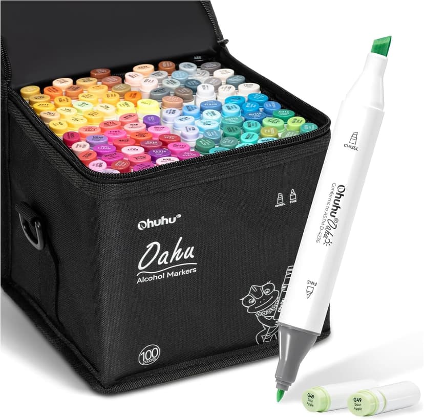 Ohuhu Alcohol Markers Double Tipped Art Marker Set for Artists Adults Coloring Sketch Illustration - Chisel & Fine - 100 Colors - Oahu of Ohuhu Markers - Refillable - AP Certificated | AP Certified Ar