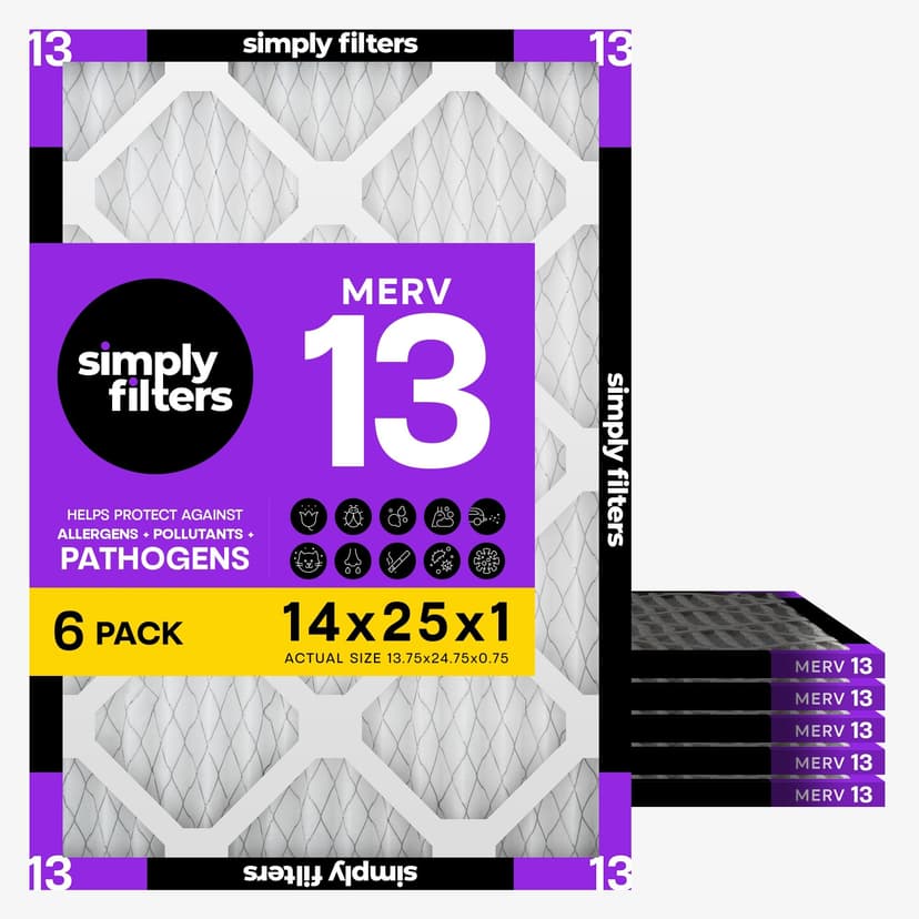 Simply 14x25x1 Air Filter, Merv 13, 6 Pack, For Home AC Furnace & HVAC (Actual Size: 13.75"x24.75"x0.75") DUST, Pet, & Allergy Control