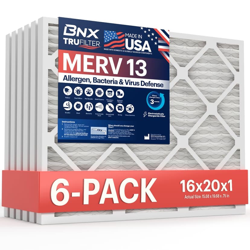 BNX TruFilter 16x20x1 Air Filter MERV 13 AC Filter, HVAC Furnace Filter, 6 Pack (ACTUAL SIZE 15.68"x19.68"x0.75") Allergies, Dust, Pet Dander & Smoke - MADE IN USA - MPR1500 / FPR 10