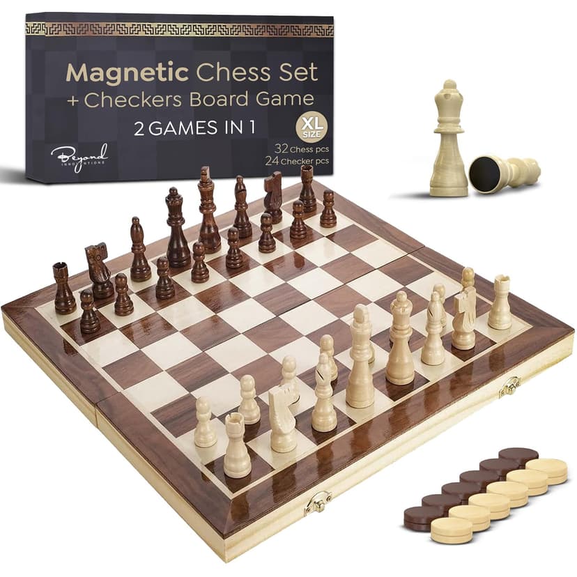 Wooden Magnetic Chess Set & Checkers Board Game, 17” Foldable Chess Board | Solid Wood 2-in-1 Board Game for Adults with Storage Box, 2 Extra Queens, Portable Travel Chess Set for Kids & Beginners