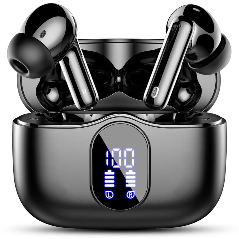 Wireless Earbuds, Bluetooth 5.4 Headphones Bass Stereo/Clear Calls, Black | Ear Buds with Noise Cancelling Mic LED Display in Ear Earphones IP7 Waterproof 36H Bluetooth Earbuds for Phones/Sport/Laptop