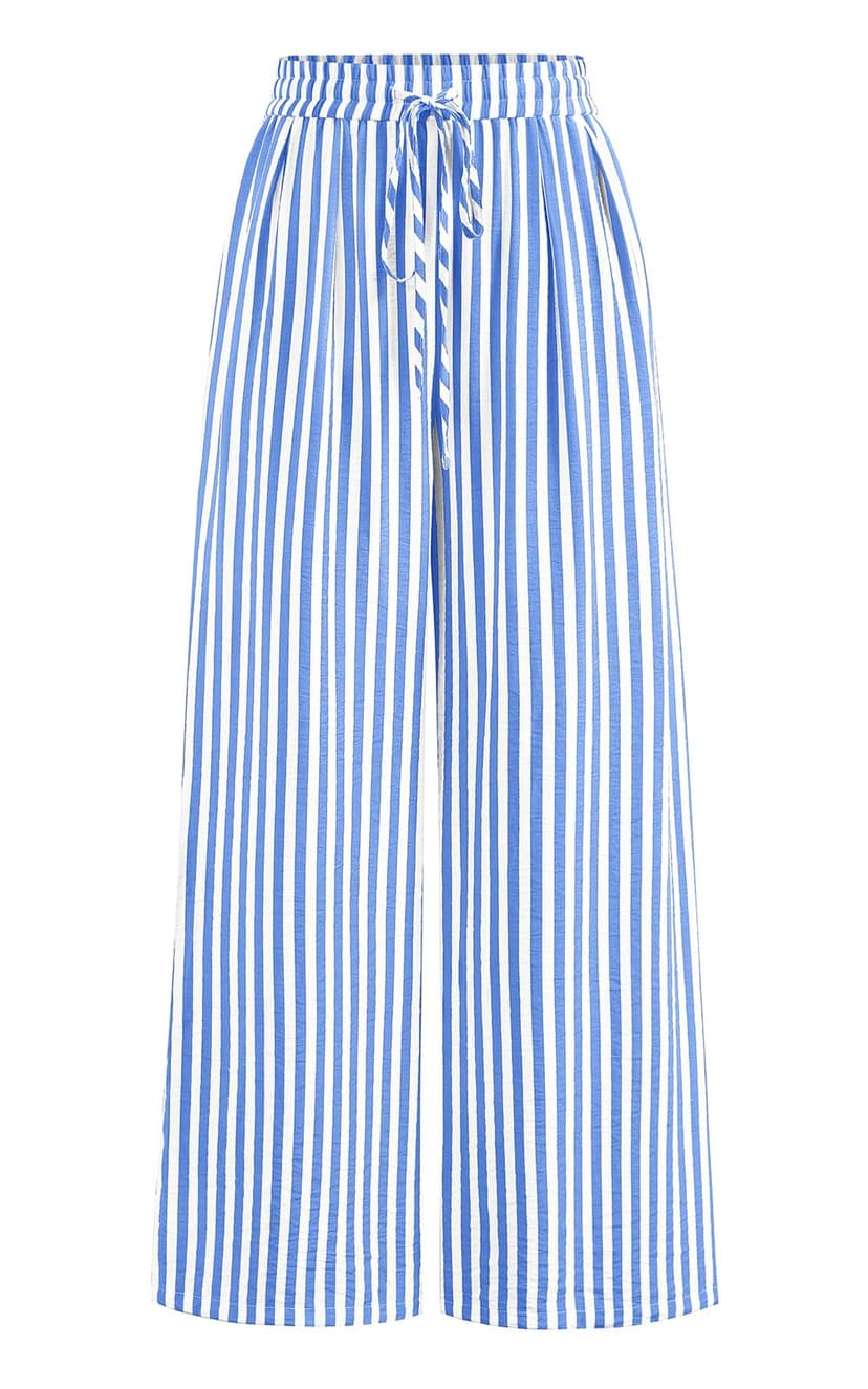 PRETTYGARDEN Womens Pants Elastic Waist Striped Lightweight Palazzo Pant | Casual Lounge Wide Leg Pants Woman with Pockets, Floral Print, Gingham Textured Cute Pants, Drawstring, Flowy Summer Outfits