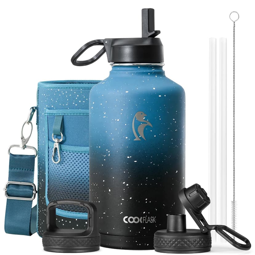 Coolflask Half Gallon Water Bottle Insulated with Straw & 3 Leakproof Lids | 64 oz Large Water Jug Stainless Steel Triple-Wall, Cold 48+h/Hot 24+h Dishwasher Safe, BPA-Free, for Sports Gym & Hiking