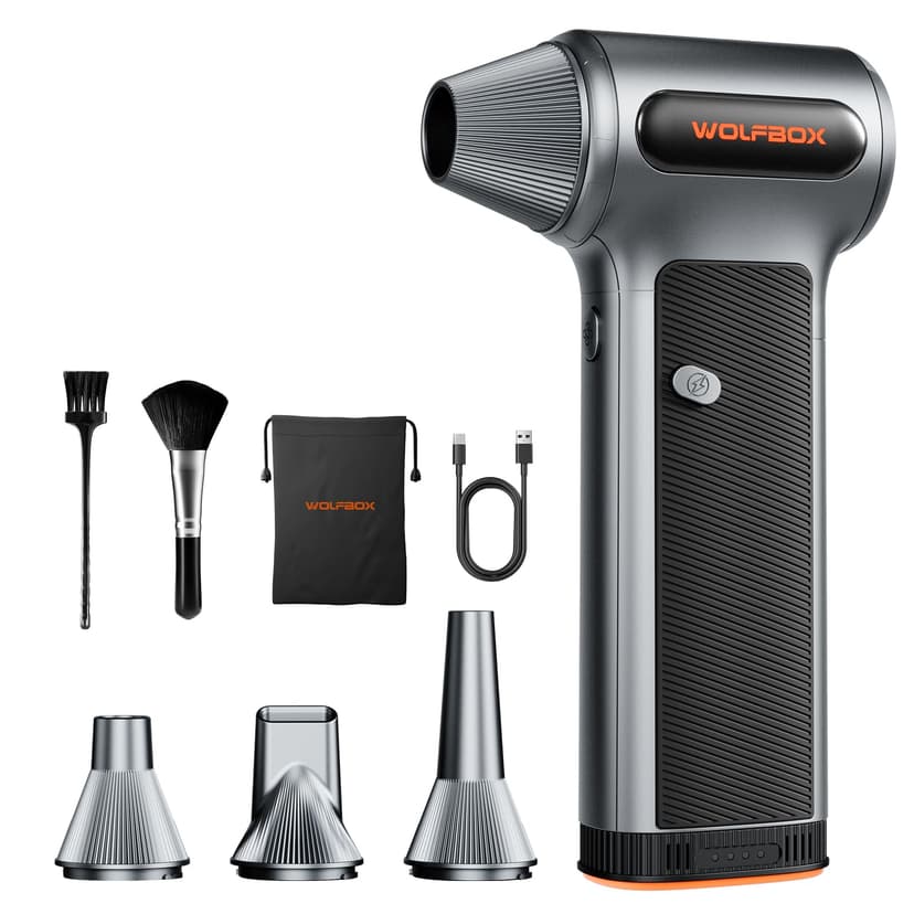WOLFBOX MF200 Compressed Air Duster, Removable Battery, Car Cleaning, Home | 4 Nozzles, Cordless, 3-Speed Adjustable, Mini Blower, Computer Keyboard, Outdoor Use, 0.85 lb Portable, 2 Brushes
