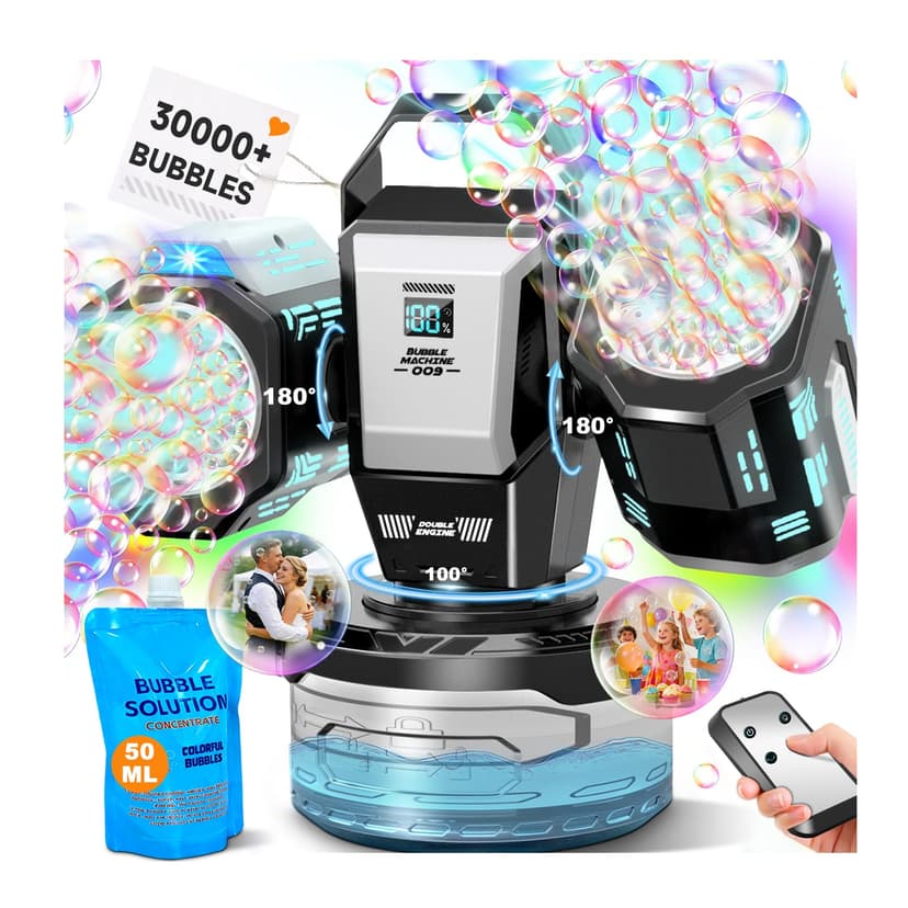 Rechargeable Bubble Machine with RGB Lights: 30,000 Bubbles Storm, Auto 360° Rotation & Remote Control - with Bubble Refill Solution & Power Display for Romantic Weddings, Kids Parties, Outdoor Fun