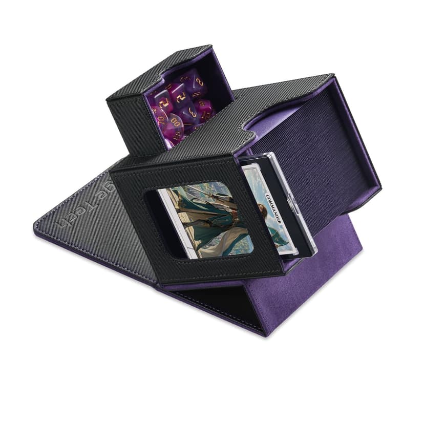 Mage Tech Card Deck Box for MTG Commander - Patented Design, Commander Display, Fits 100 Double-Sleeved Cards, 35pt Card Brick & Dice Tray - Black/Purple
