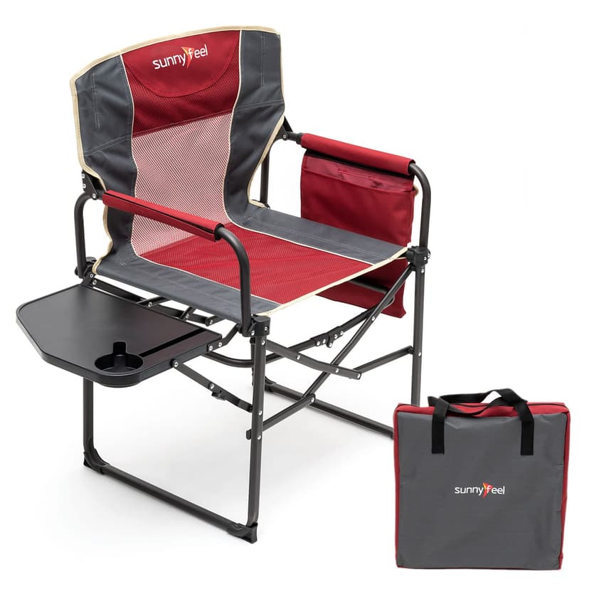 SUNNYFEEL Oversized Camping Chair Portable Directors Chairs with Side Table | Heavy Duty Folding Lawn Chair for Adults 300LBS with Compact Size, Breathable Mesh, Pocket & Carry Bag for Outdoor, Lawn,