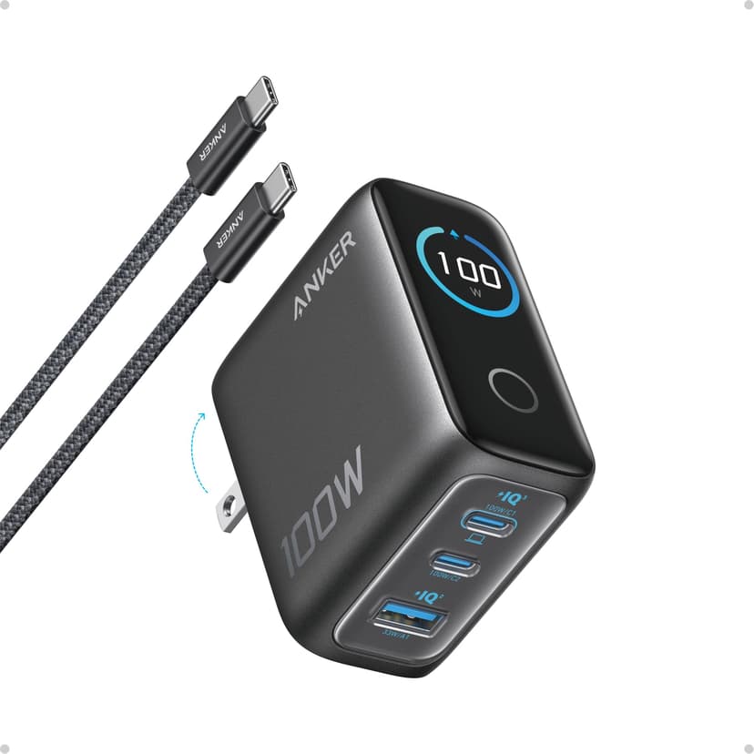 Anker 100W Max USB C Charger, 3-Port GaN Phone Charger with Smart Display | Ultra-Compact Fast Laptop Charger with Touch Control for iPhone 17 Series,iPad,MacBook Pro/Air(Include Cable,Non-Battery)