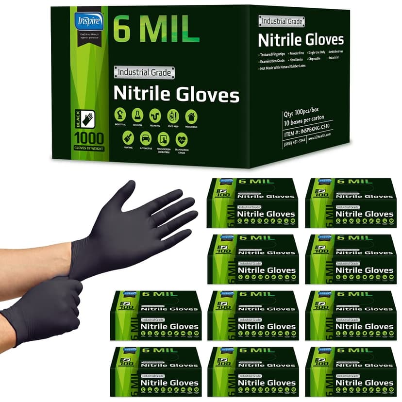 Inspire 6 or 8 Mil HEAVY DUTY Stretch Nitrile Black Gloves Disposable Latex Free