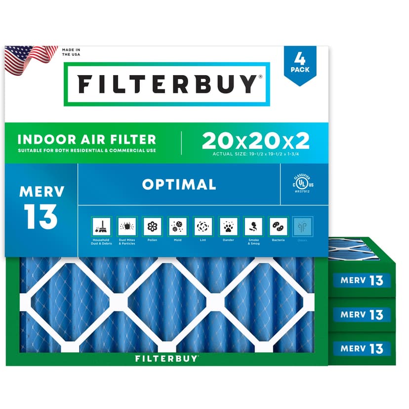 Filterbuy 20x20x2 Air Filter MERV 13 Smoke & Allergy Defense (4-Pack) | Electrostatic Pleated HVAC AC Furnace Filters Replacement, Made in USA (Actual Size: 19.50 x 19.50 x 1.75)