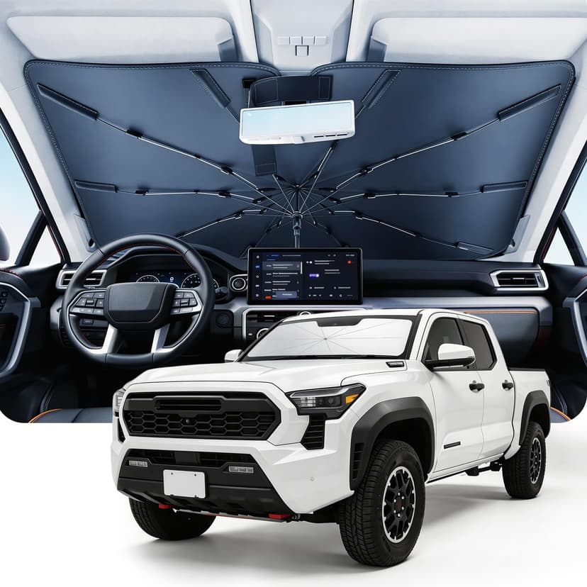 DMJN Umbrella Windshield Sun Shade for Toyota Tacoma (2008-2026), Car Sunshade for Front Windshield [Nano Ice-Crystal Coatings] UPF50+ Heat & UV Block, Protect Interior & Keep Cooler