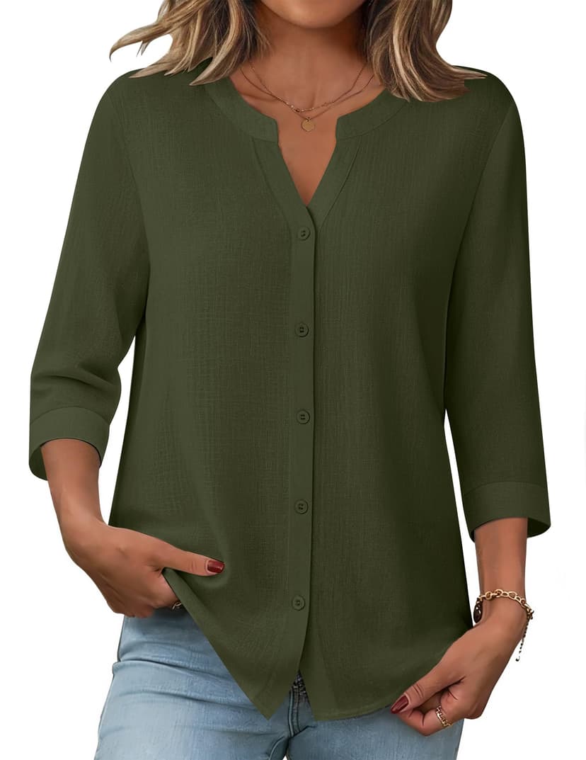 Zeagoo Button Down Shirts for Women 3/4 Sleeve Linen Cotton V Neck Tops Dressy Casual Loose Work Blouses