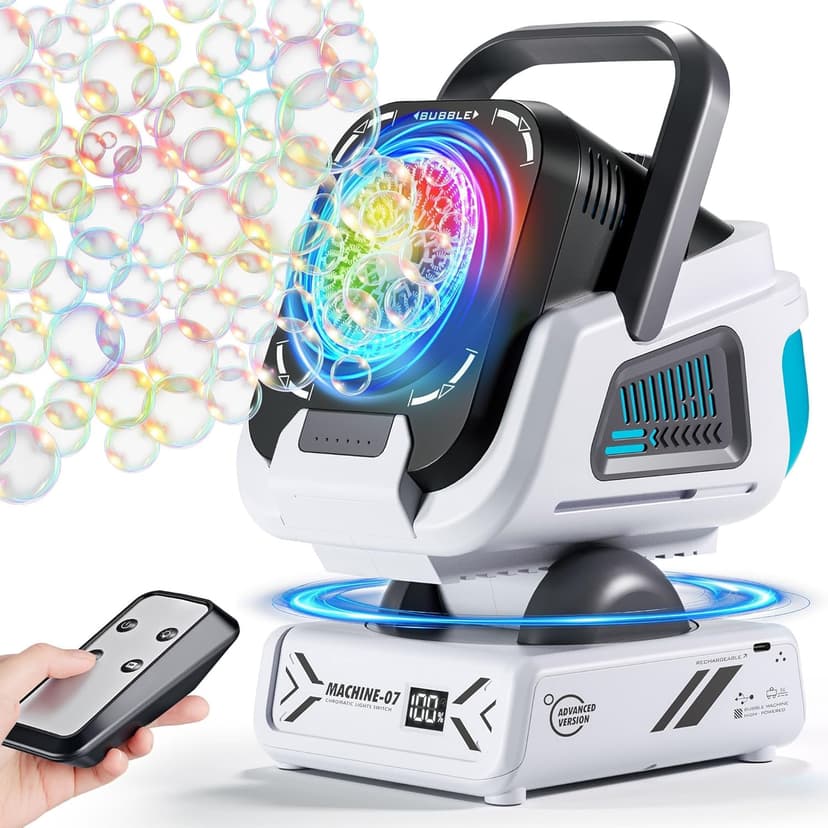 Upgraded Bubble Machine Outdoor Toys for Kids & Wedding Party | Auto Rotation,Type-C Rechargeable,Remote Control,RGB Lights