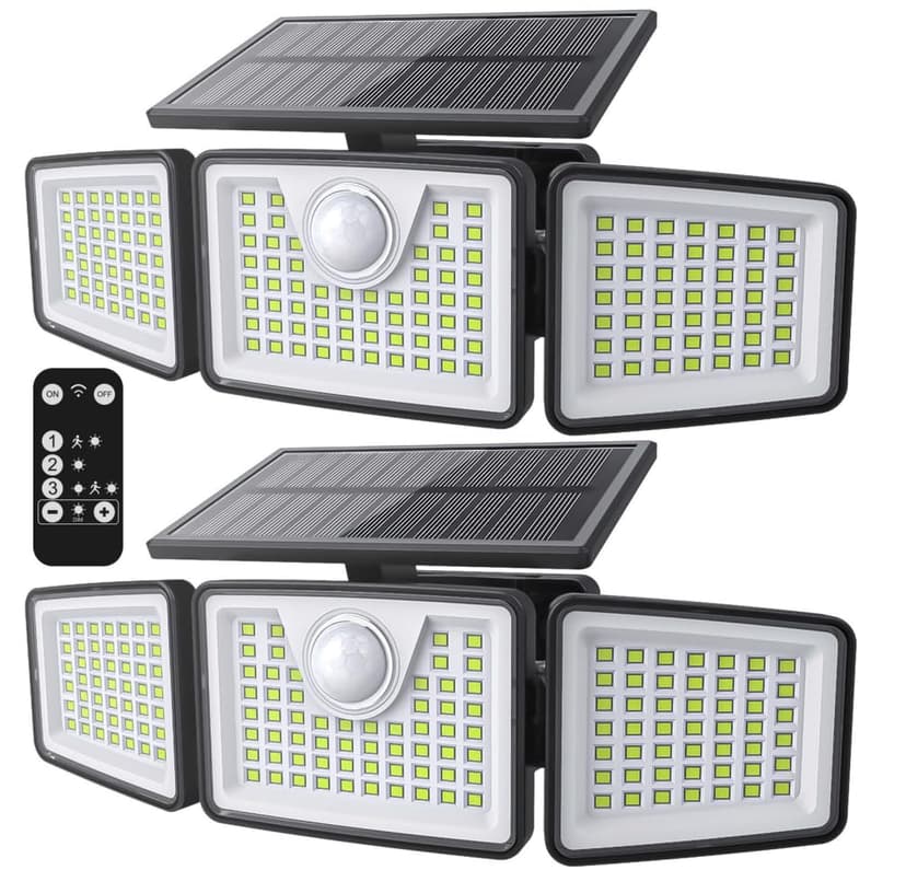 daphino 2500LM Solar Lights, Motion Sensor Outdoor Lights, 3-Head, 2 Pack | 270° Wide-Angle Street & Area Coverage, IP65 Waterproof Security Lighting, 3 Lighting Modes, Remote Control