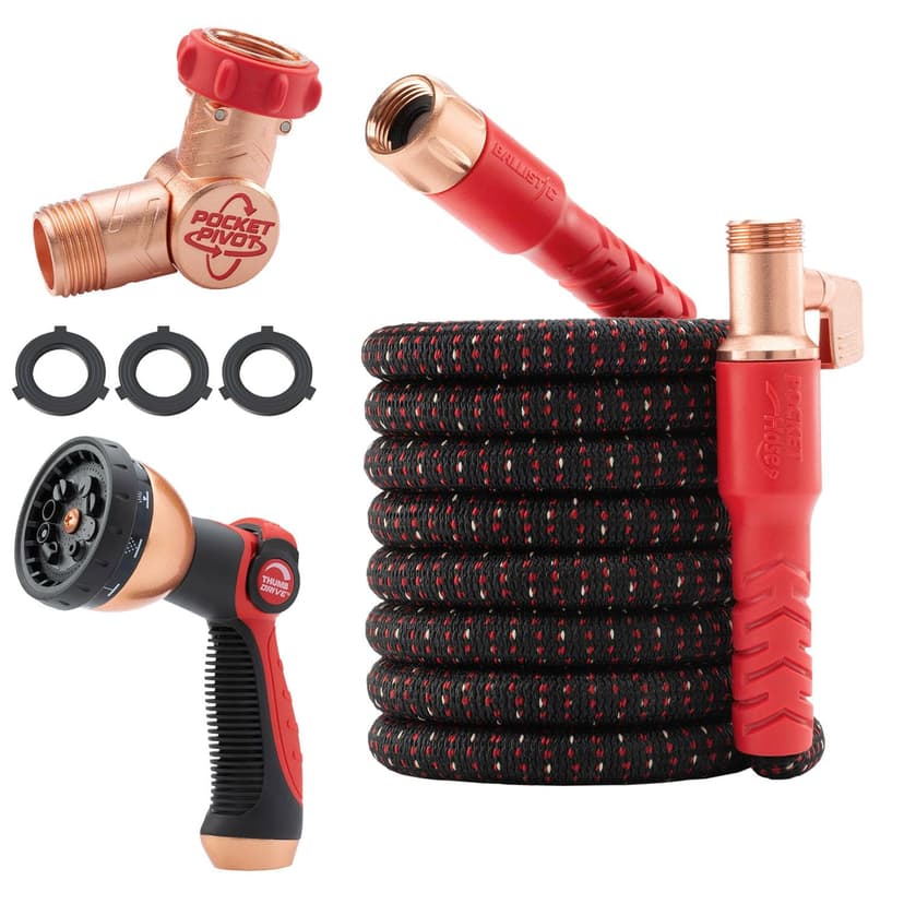 Pocket Hose Ballistic 50 FT Expandable Garden Hose, No-Kink, As Seen on TV | Anti-burst sleeve reinforced with bulletproof fiber, 360° swiveling pocket pivot connector, lightweight compact design
