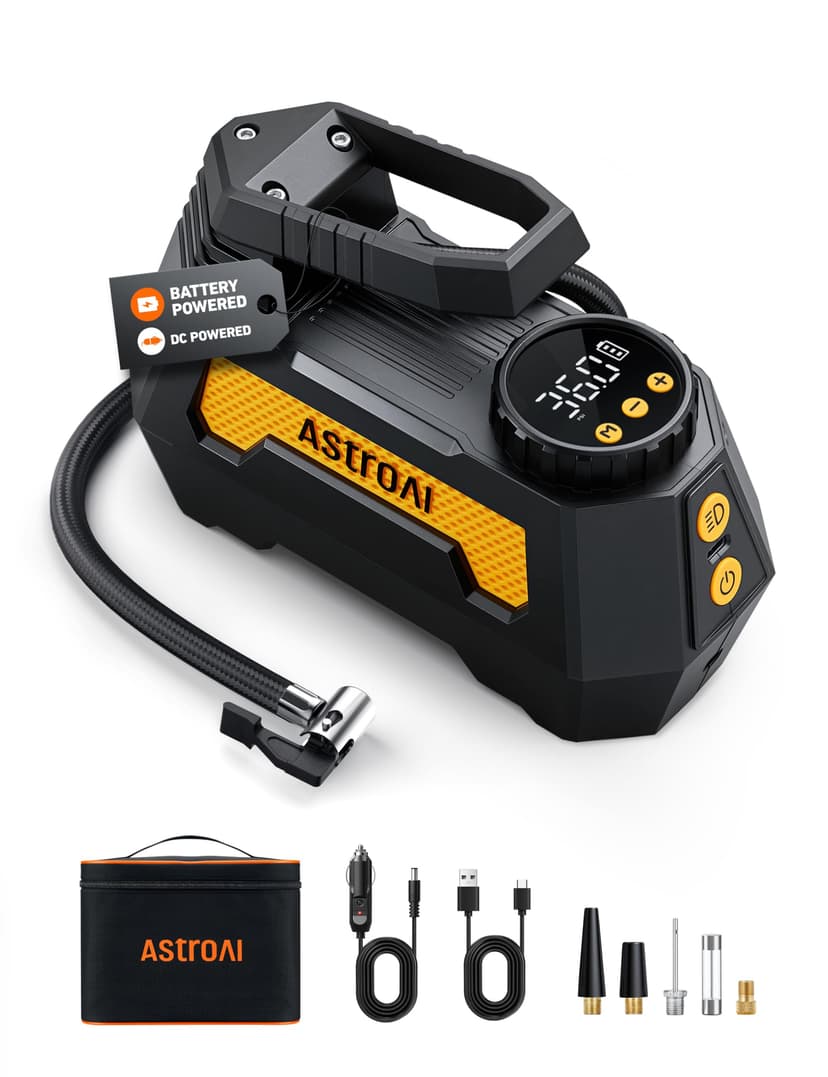 AstroAI H2 Pro Cordless Tire Inflator Portable Air Compressor 12VDC Battery | Dual Power Supply Auto Shut-Off Digital Pressure Gauge Fast Inflation Air Pump for Cars Motorcycles Bikes Ball Gift Yellow