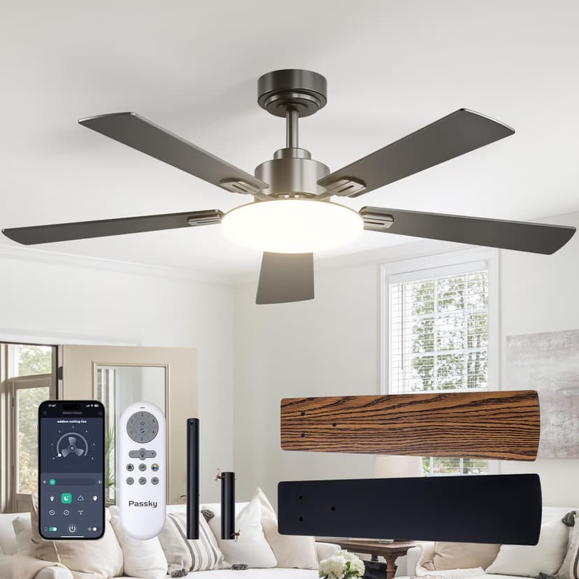 Passky 52 Inch Black Sleek Ceiling Fans with Lights, Remote Control | 3-color dimmable light, quiet reversible DC motor, easy install, memory, Timer, APP, bedroom, covered outdoor areas