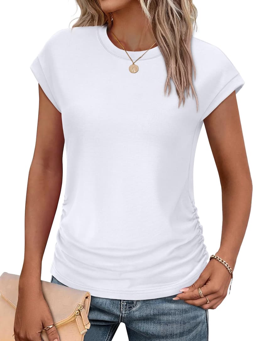 SAMPEEL Womens Summer Tops Trendy 2025 Ruched Cap Short Sleeve Tshirts Shirts Crew Neck T Shirts Fashion