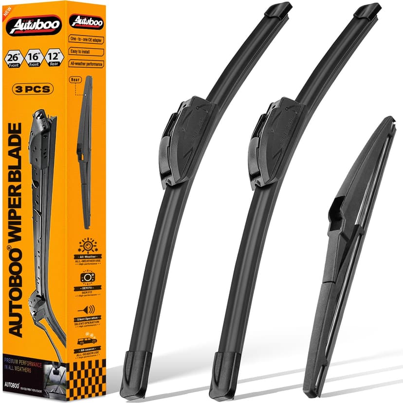AUTOBOO Windshield Wiper Blade Replacement for Toyota RAV4 Mazda 5 | Fits RAV4 2019–2025, Mazda 5 2006–2015; 26"+16" front + 12" rear set, streak-free, OE fit,quiet, all-weather