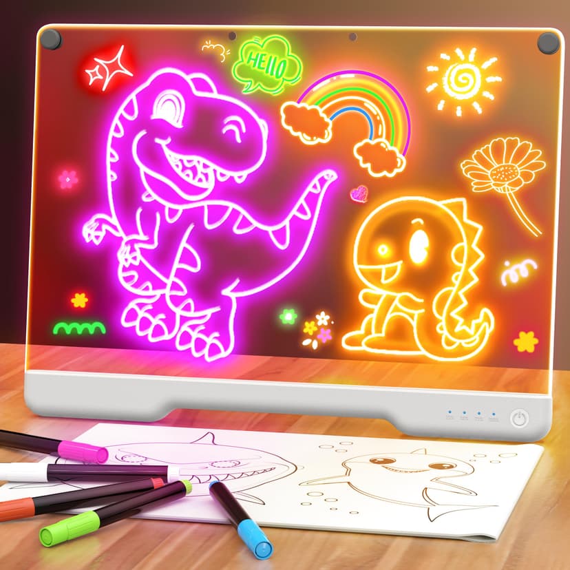 Geokay 16" Rechargeable LED Drawing Board with 9-Color Light Modes | Neon Art Dry Erase Light Up Doodle Glow Pad with Built-in Stand, Sketching Gift Toy for Kids/Girls, 7 Markers & Tracing Book