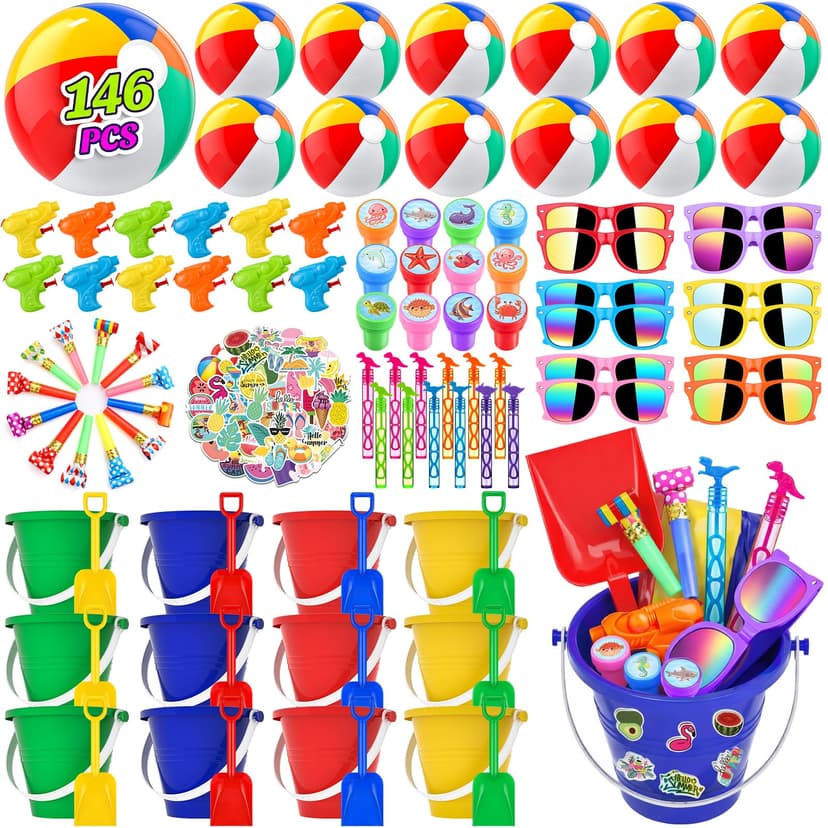 GIFTINBOX Beach Pool Party Favors,146PCS Pool Beach Toys for Kids Ages 4-8 8-12, Summer Party Favors for Kids, Beach Balls, Kids Sunglasses, Buckets Bulk Sand Toys, Birthday Party Decorations
