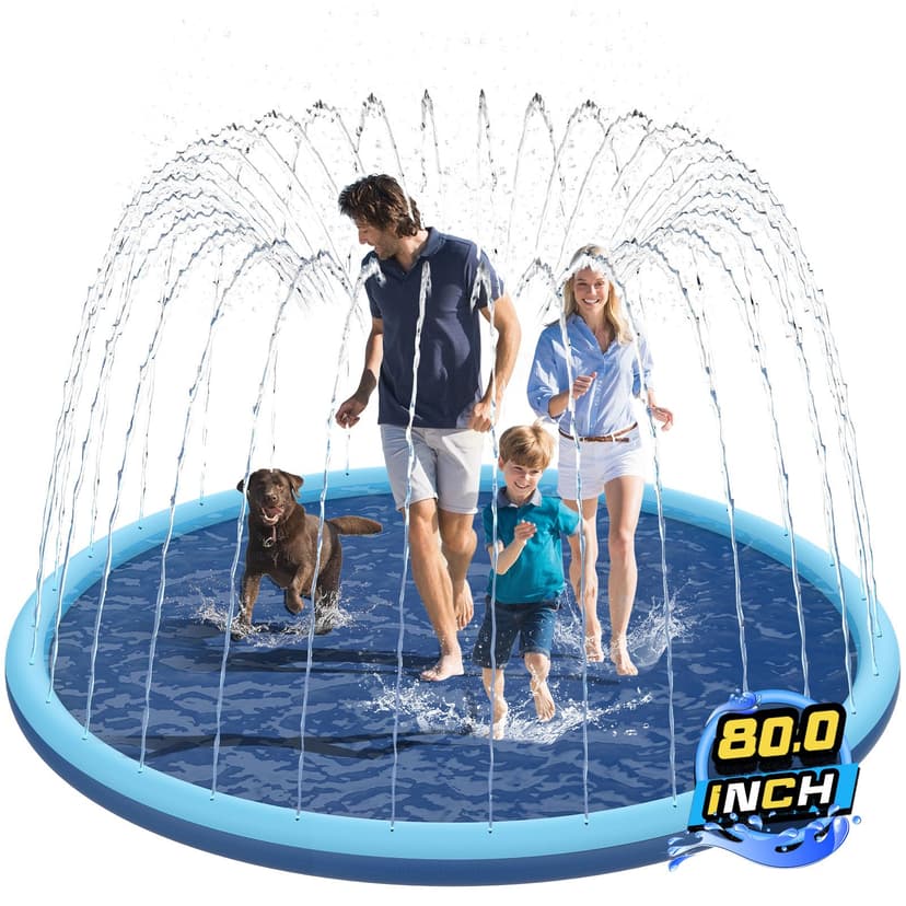 Non-Slip Splash Pad for Kids and Dog, 80" Extra Large Baby Play Mat, Dog Pool Toys, Thicken Sprinkler Pool Summer Outdoor Water Toys for Ages 3-12 Boys Girls, Parent-Kids &Games Fun Backyard (Blue)