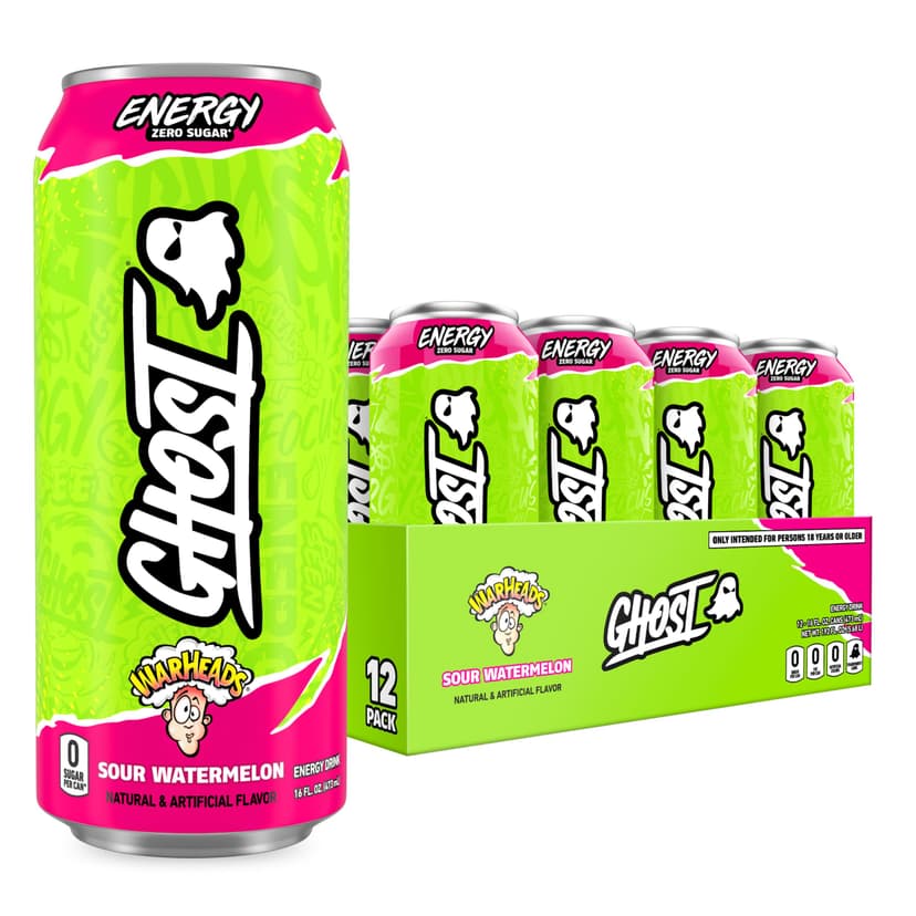 GHOST Energy Drink, Zero Sugars, 12-Pack, Warheads Sour Watermelon, 16oz | Energy & Focus Pre Workout Drink, No Artificial Colors, Gluten-Free, Vegan - 200MG Natural Caffeine, L-Carnitine, Taurine