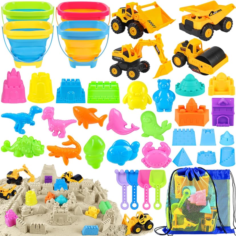 FHOZGECY Beach Sand Toys, 4 Construction Vehicles, 4 Collapsible Buckets, Sand Castle Molds with Travel Mesh Bags, Sandbox Play Set for Kids Ages 3-12, Multi‑Scene Play for Outdoor Summer Beach Games