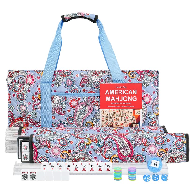 GUSTARIA American Mahjong Game Set, 166 White Tiles, 4 Transparent All-in-One Rack/Pushers, Complete Mahjong Tile Set, Blue-Red Printed Carrying Bag