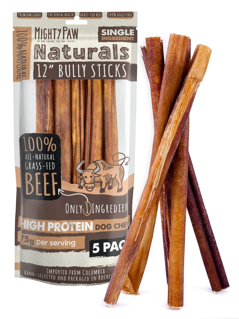 Mighty Paw 12" Bully Sticks for Dogs - Large, Medium and Small Breeds Chew | Single Ingredient, Grass-Fed, Lower Odor, 5 Pack, High Protein, Boredom Buster, All-Natural Sticks