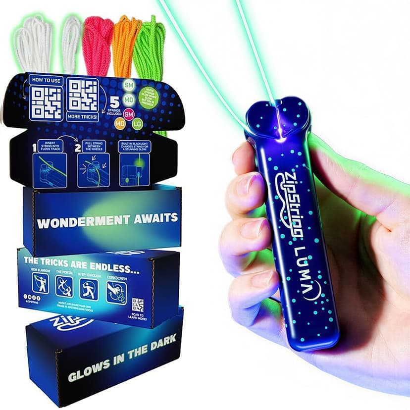ZipString Luma Glow-in-The-Dark String Toy | Patented, Flies a Loop of String, Creates Endless Shapes and Tricks, Built-in LED for Glowing Fun