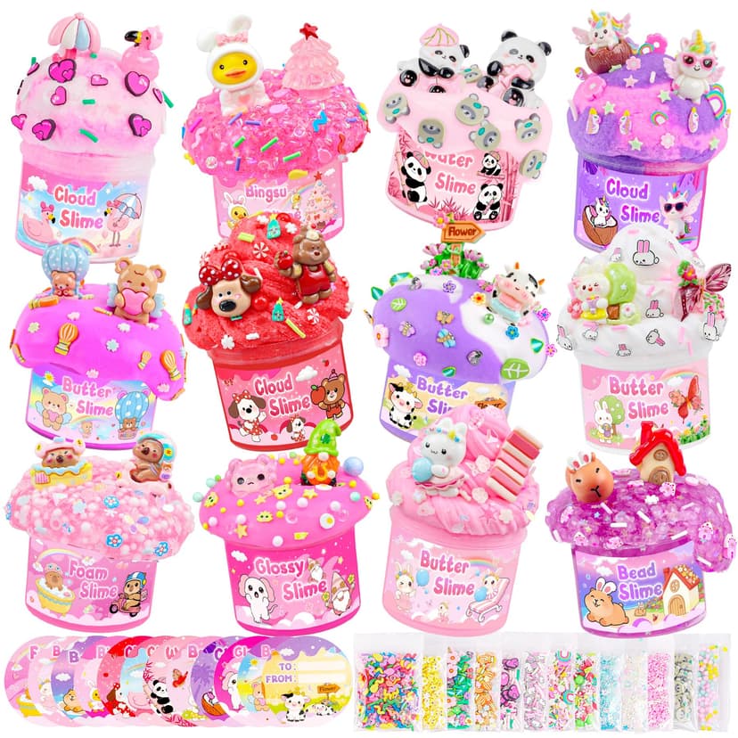 12-Pack Pink Slime Kit for Girls, Butter Cloud Squishy Party Favor Set | Goodie bag stuffers, Easter basket fillers, classroom prizes and sensory slime toys with clear slime for kids ages 4-10