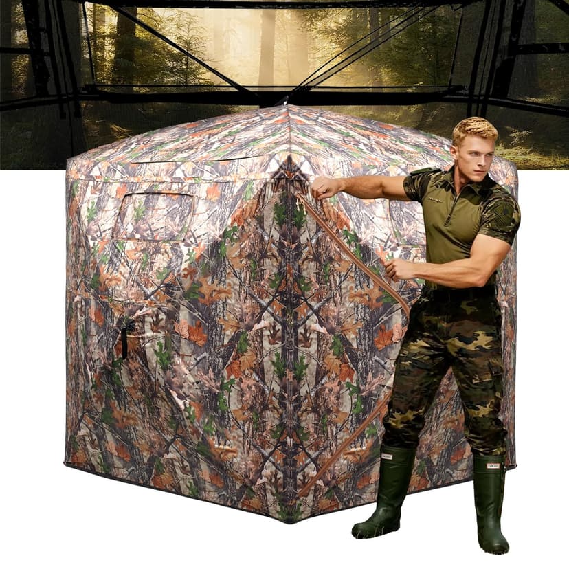 FUNHORUN Hunting Blind 270/360 See Through Ground Blind, Pop Up Deer Blind | 2/3/4 Person Soft Material Camo Tent，Easy-Fold Portable Concealed Shelter with Carrying Bag, Lightweight, Silent Slid Windo