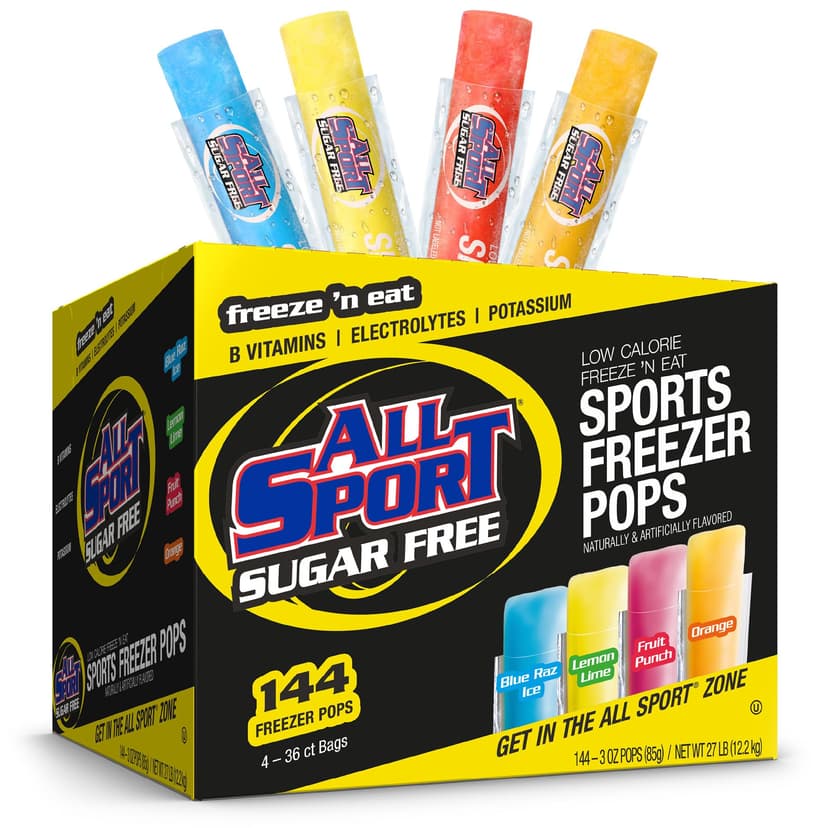 All Sport Sugar Free Electrolyte Freezer Pops, Variety Pack, 144 Count | B Vitamins & Potassium; Blue Raz Ice, Lemon Lime, Fruit Punch, Orange