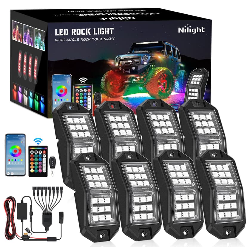 Nilight RGB LED Rock Lights Kit 8 PCS 18LED Wide Angle Wheel Well Light with Remote & Bluetooth App Dual Control Multi Modes Underglow Multicolor Neon Pod for ATV UTV SUV Offroad Truck RZR Boat