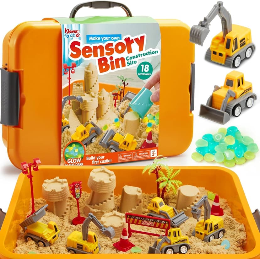 JOVA Klever Kits Construction Sensory Bin for Kids with Glow in The Dark Stones, Sandbox with Lid Castle Building kit, Preschool Learning Activities Gifts for Boys Girls Age 3+