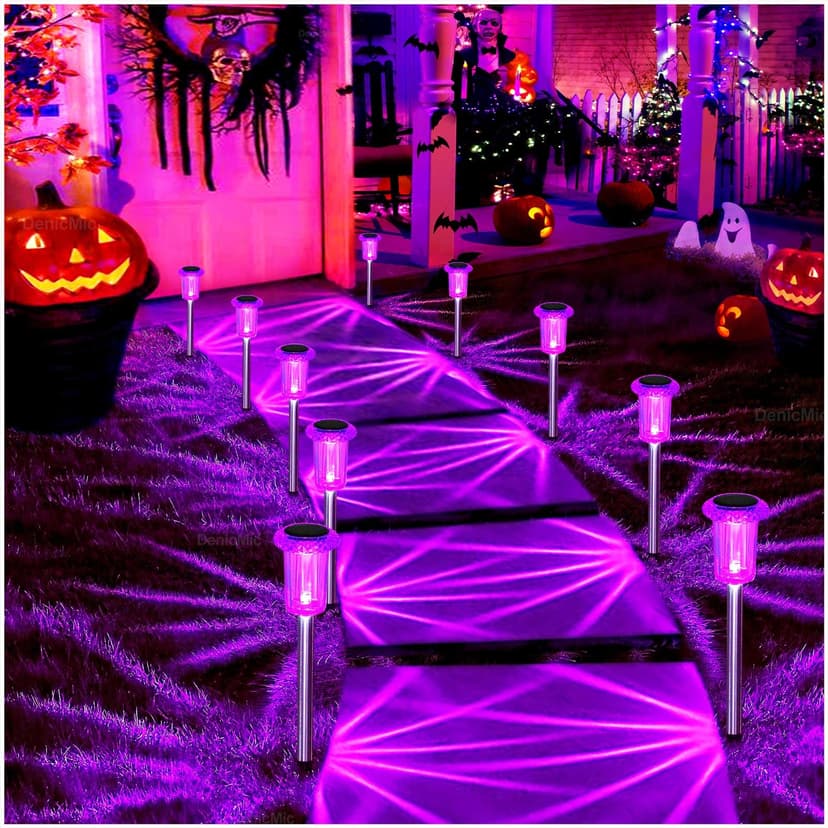 DenicMic Solar Halloween Lights Outdoor Waterproof 10 Pack Halloween Decor | Stake Lights for Yard Pathway Garden Patio Lawn Walkway Driveway, Auto On/Off Purple LED Halloween Decorations Outdoor