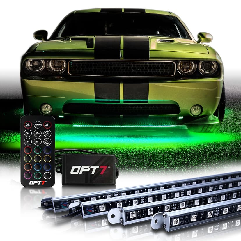 OPT7 Aura Aluminum Car Underglow Lights with Remote Control, Exterior Neon Accent Under Glow Kit for Cars, Waterproof Rigid Light Bars, 12V RGB Multicolor LED Strip