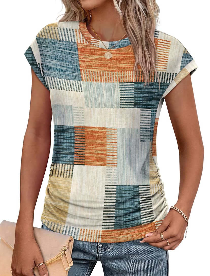 SAMPEEL Womens Summer Tops Trendy 2025 Ruched Cap Short Sleeve Tshirts Shirts Crew Neck T Shirts Fashion