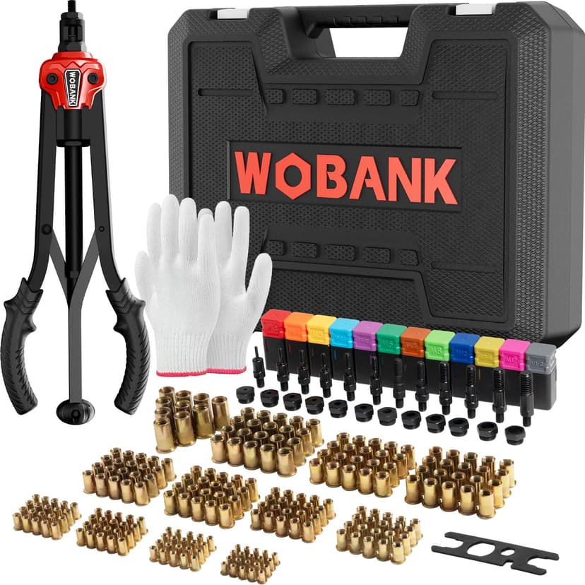 Rivet Nut Tool Kit, 16" Rivnut Tool with 12 Mandrels & 230 Rivet Nuts | Professional Nutsert Tool Kit with Wrench, Gloves & Carrying Case, Auto Release Nut Design for Automotive, Construction & DIY