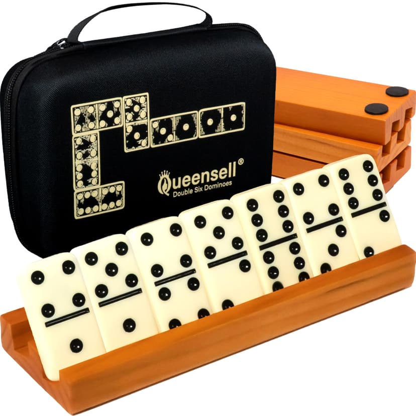 Queensell Dominos Set for Adults with 4 Domino Racks - Double 6 Dominoes Set with Domino Holder, Classic Board Games for Kids and Adults - Double Six Standard Dominos Set 28 Tiles with Travel Case